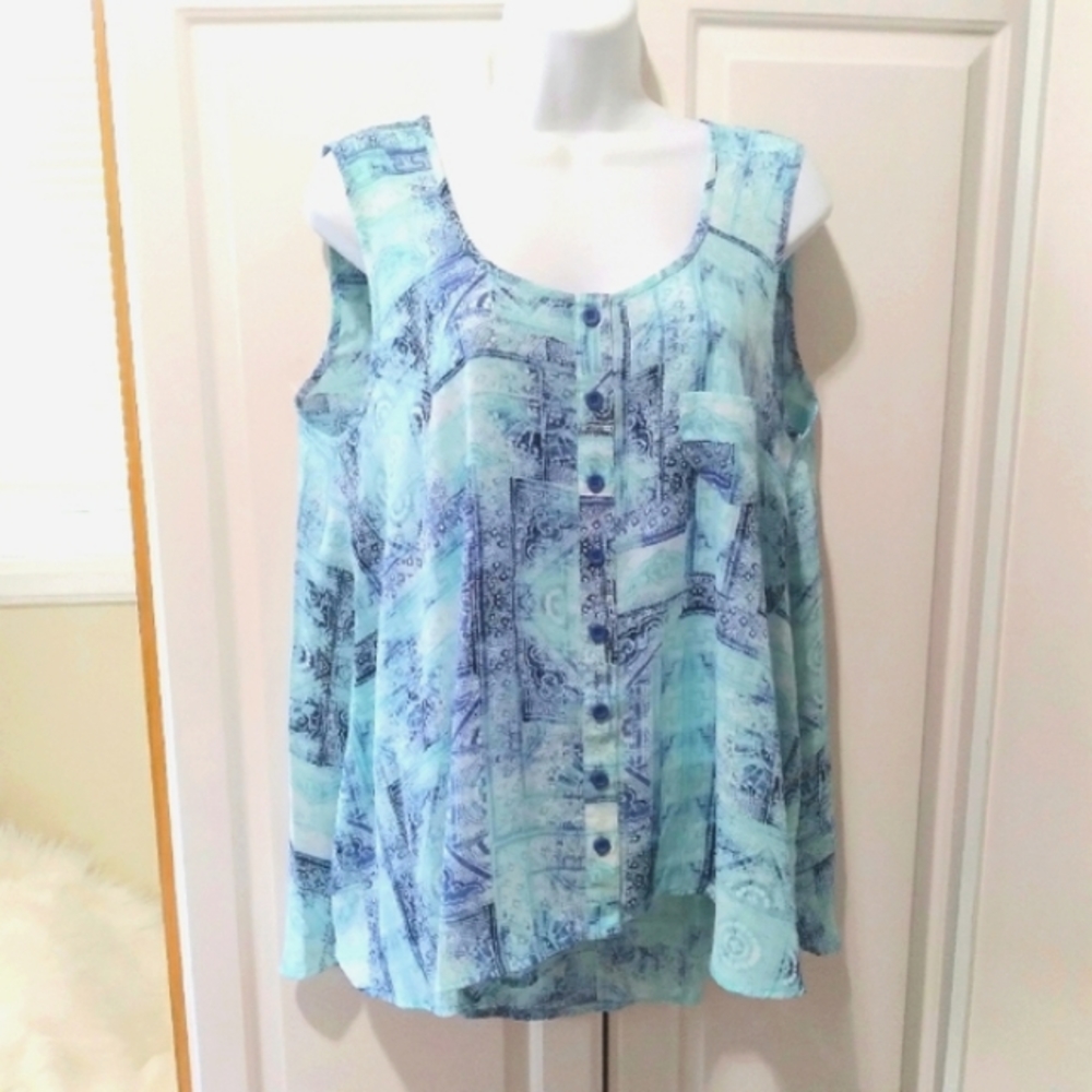 Style&Co Women's Blue Sleeveless button down Hi-Low  Size L